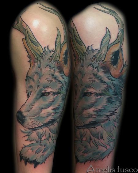 Tattoos - grey wolf w/ antlers - 104070